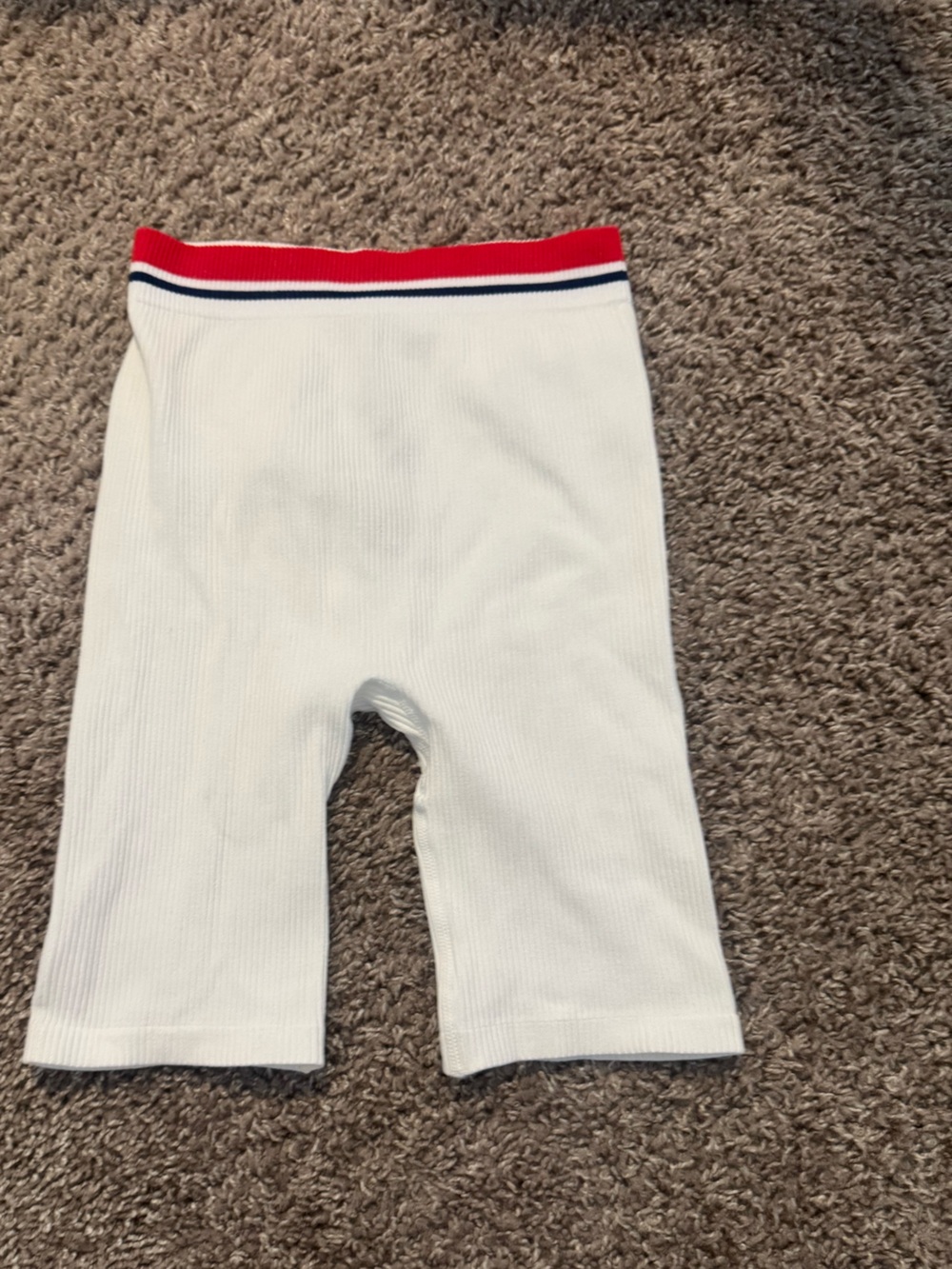 Zara White Ribbed Bike Shorts with Red & Navy Waistband